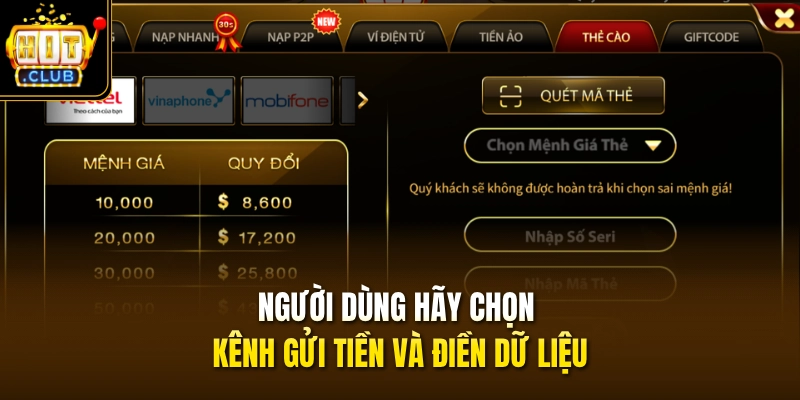 Người dùng hãy chọn kênh gửi tiền và điền dữ liệu